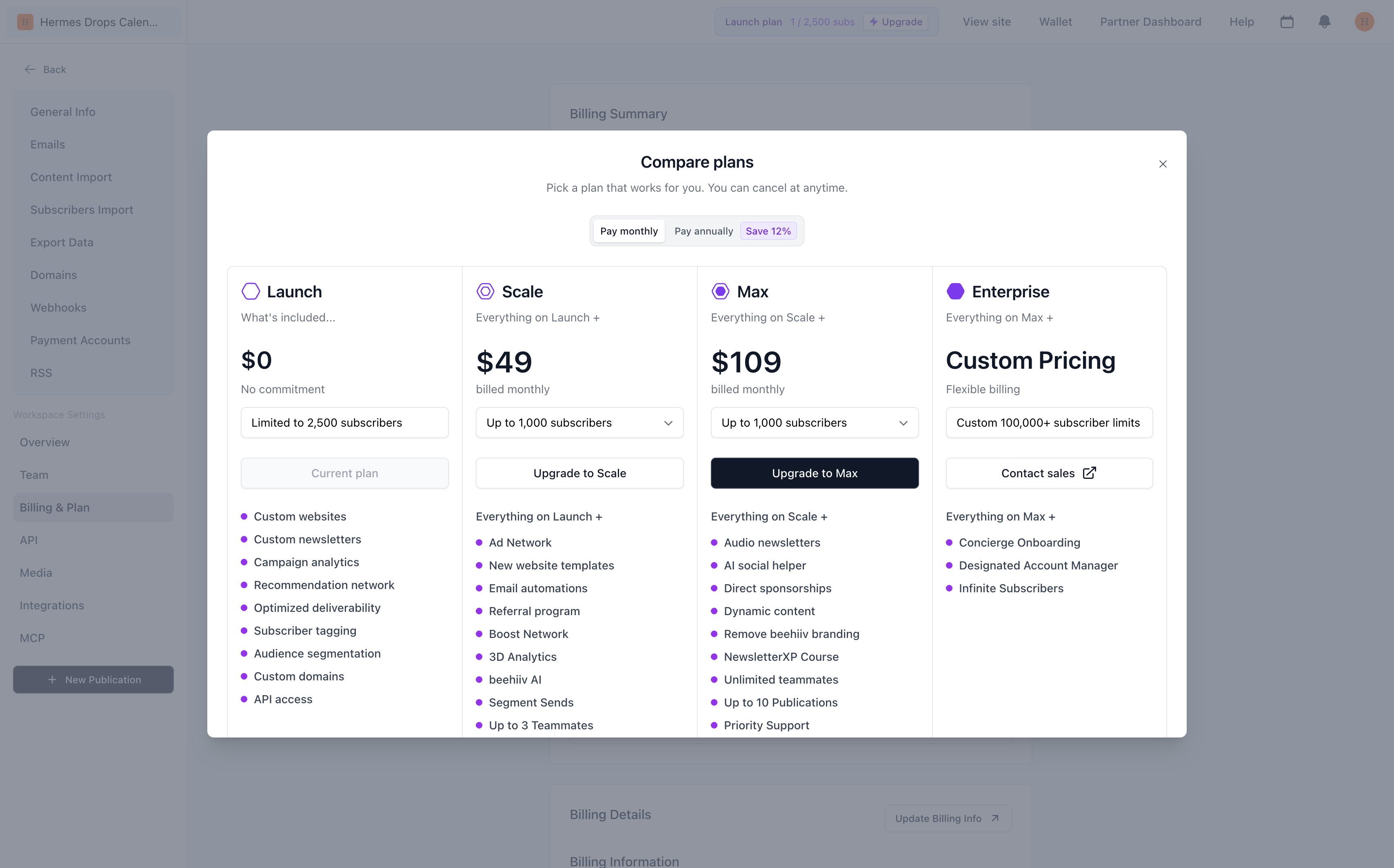 beehiiv pricing page