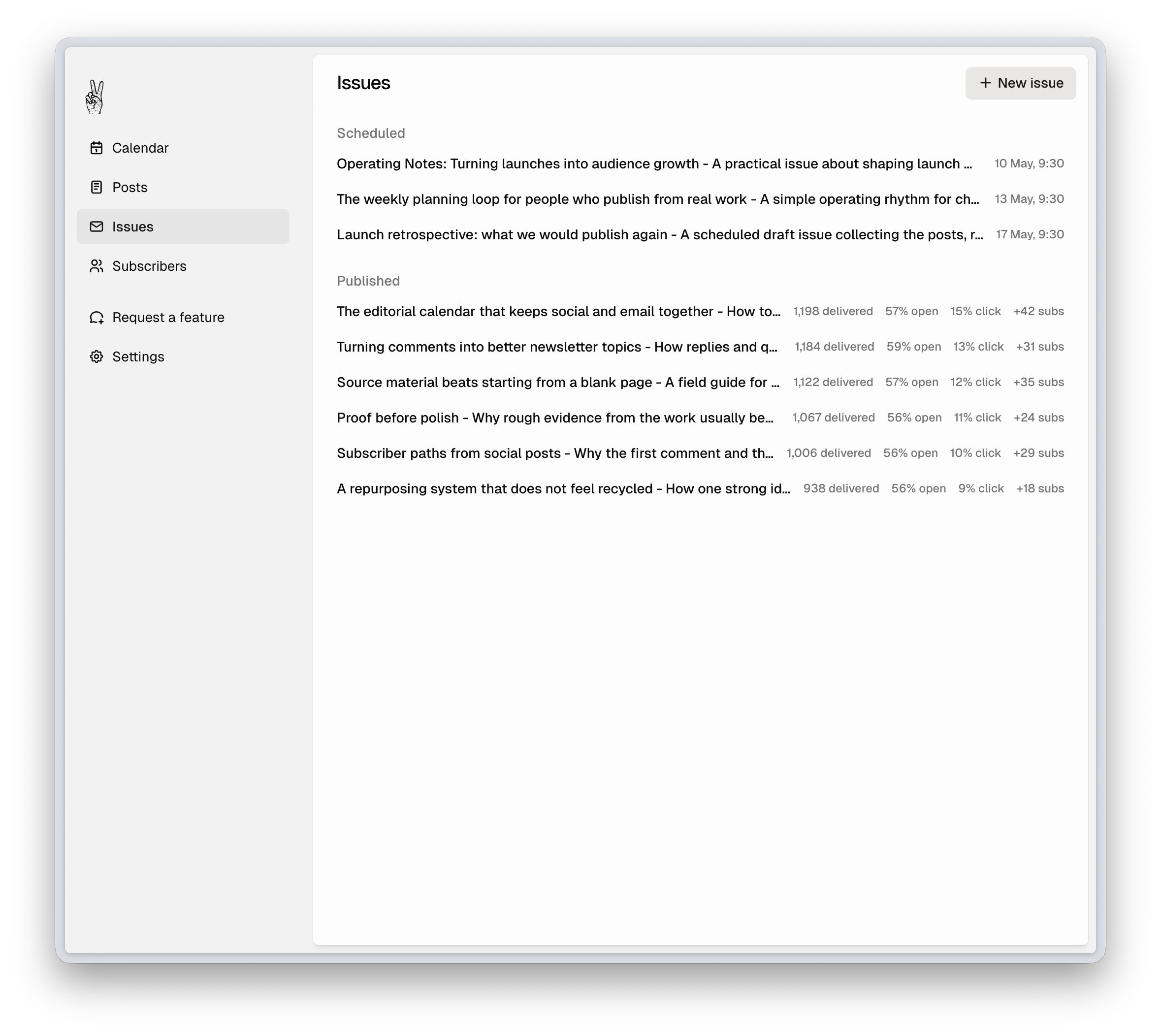 Newsletter issues list interface