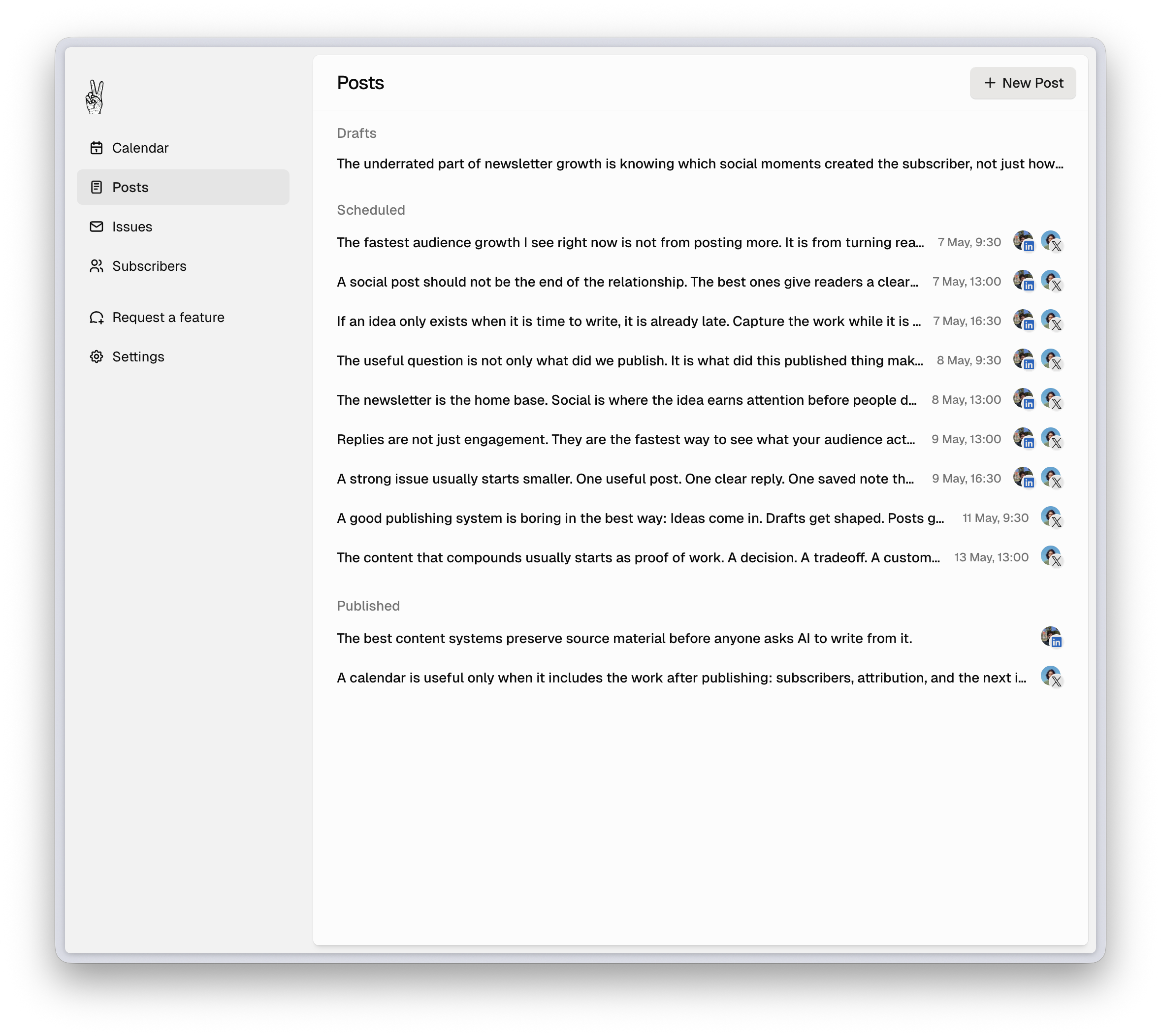 Maito social posts interface