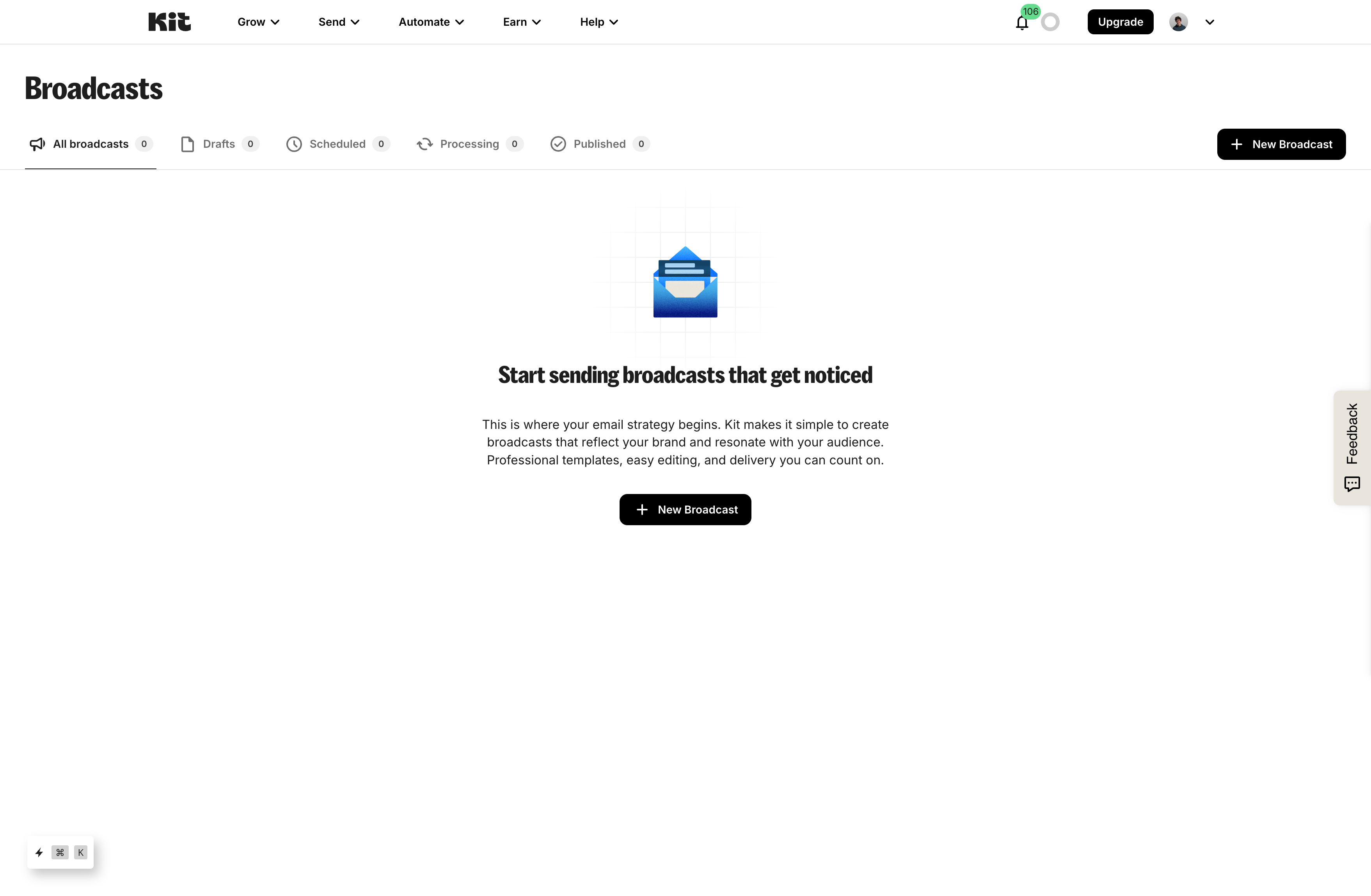 Kit dashboard showing the main creator email workflow