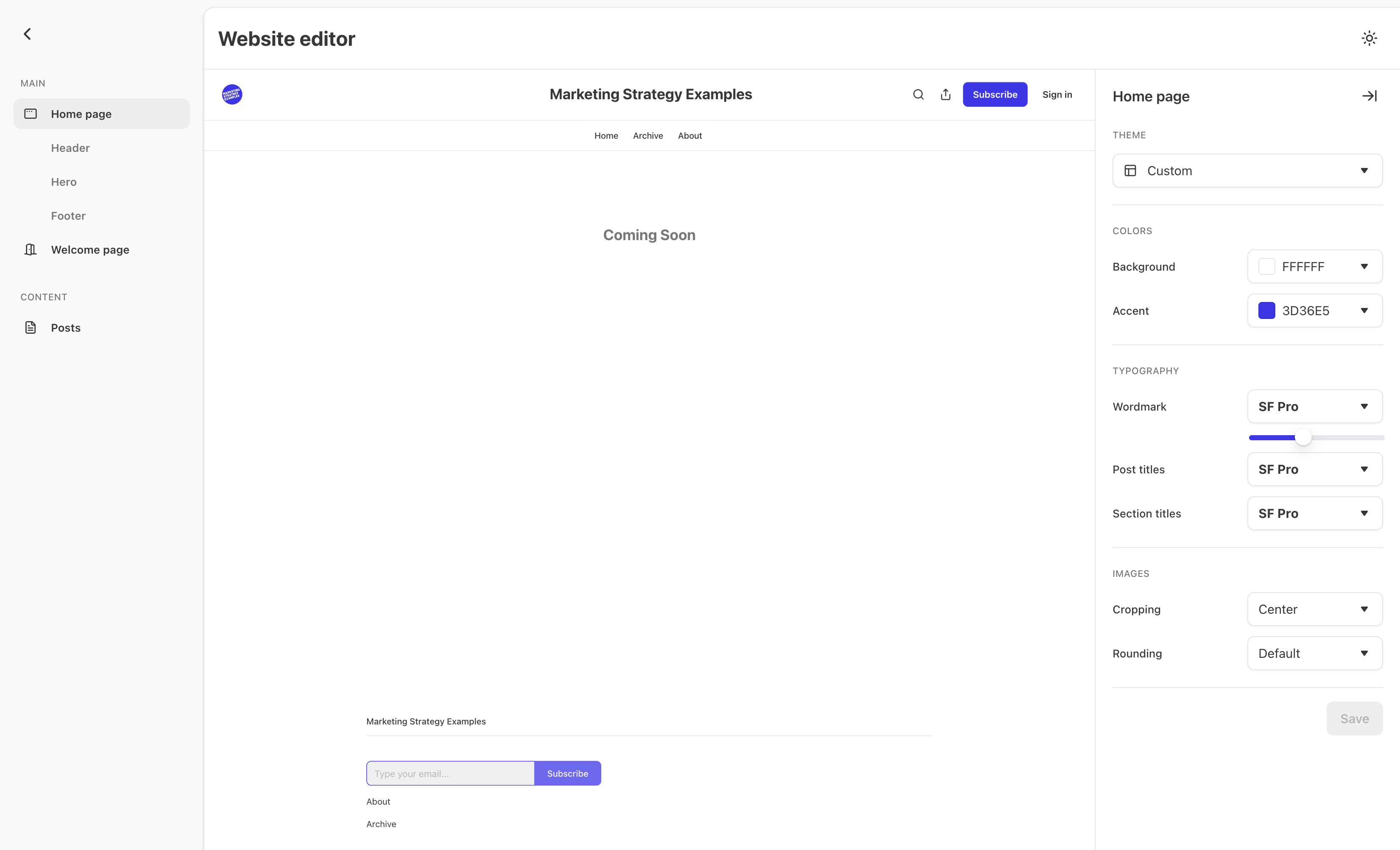 Substack website settings and publication customization controls